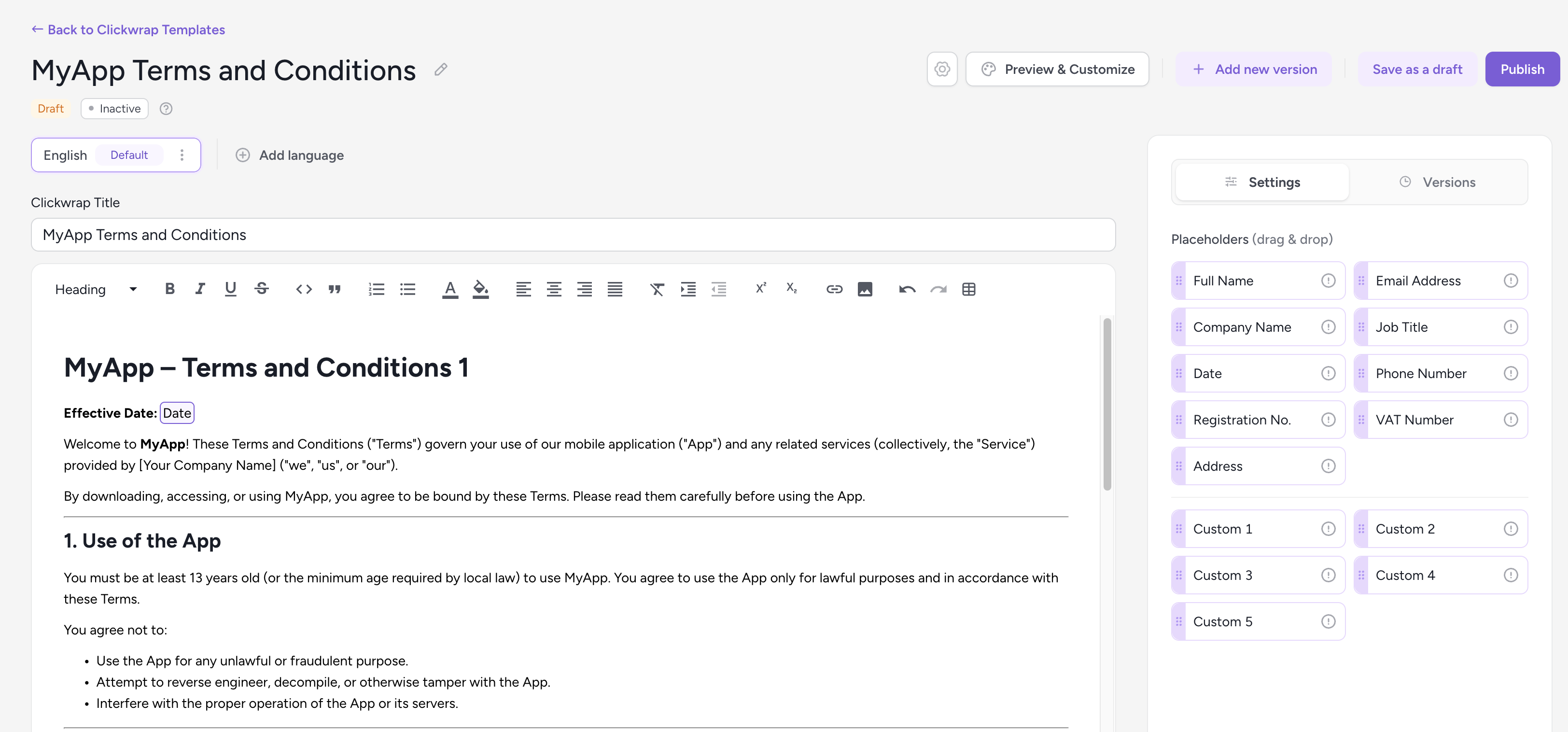 Template editor showing placeholder tokens available for Clickwrap content