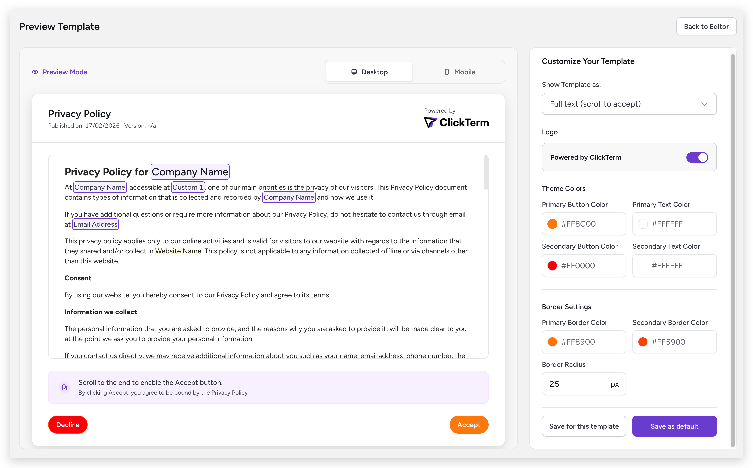 Customization screen