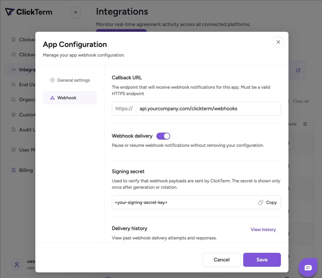 Integrations page showing the form to add a new Clickterm app